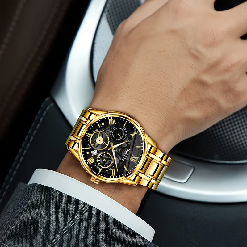 Men's Skeleton Watch with Calendar - Business Fashion, Quartz Movement, Alloy Band
