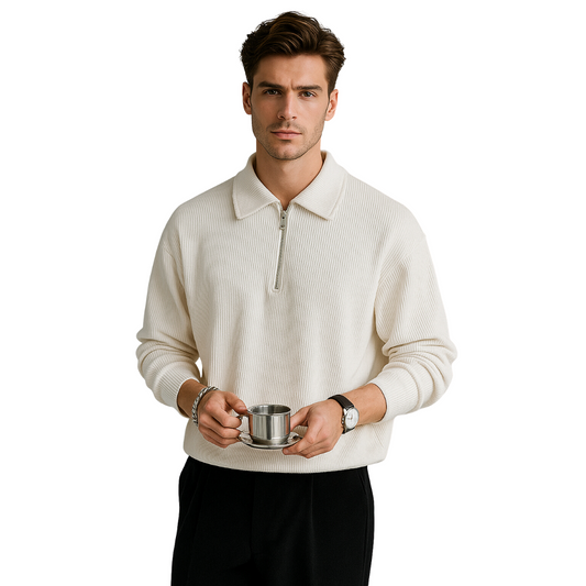 Men's Elegant Half Zip Polo Sweatshirt - Striped Sophistication