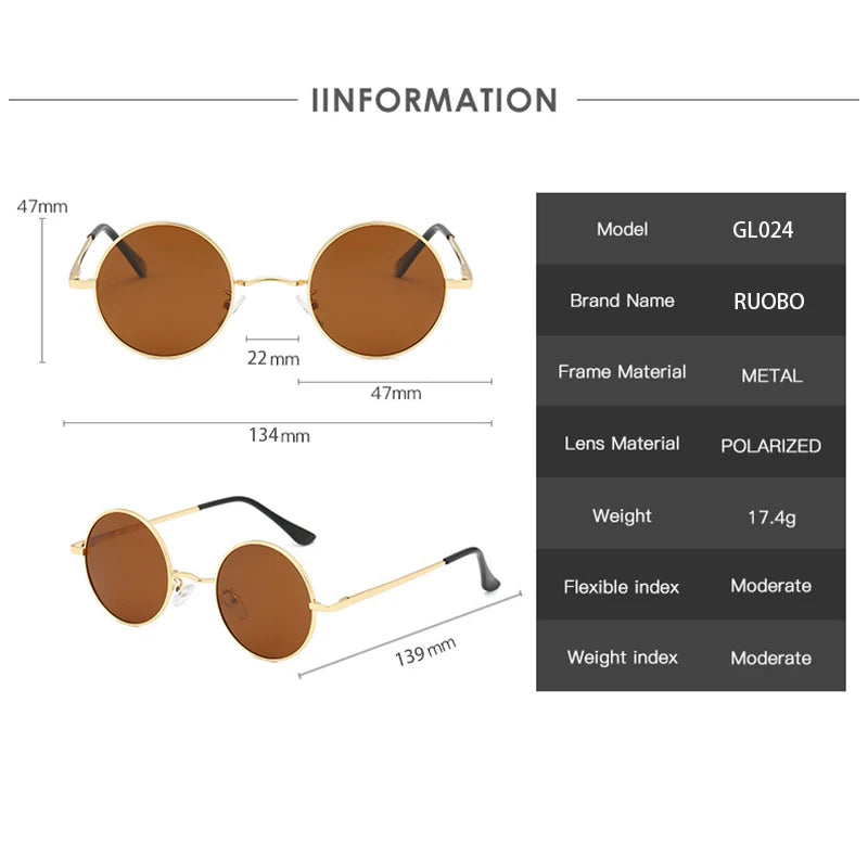 RUOBO Colorful Polarized Round Brand Designer Metal Frame Sunglasses Eyewear For Men and Women Driving Outdoor Sun Glasses UV400