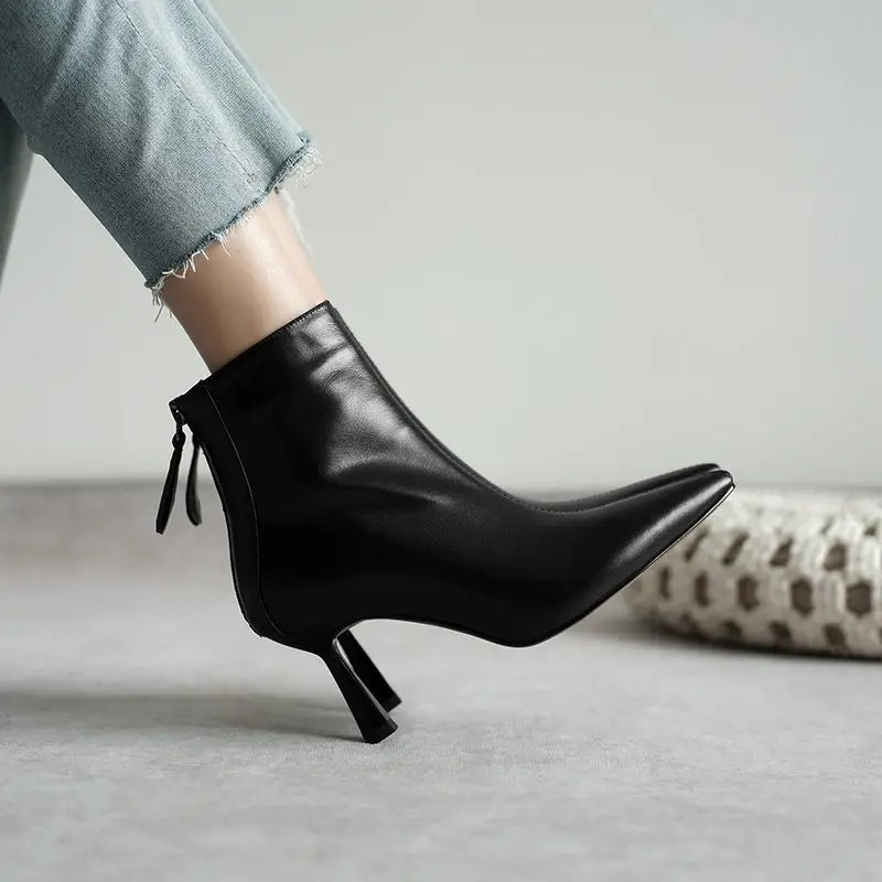 Krazing Pot Big Size 42 Cow Leather Pointed Toe High Heels Chic Design Concise Winter Spring Shoe Dress Warm Wedding Ankle Boots