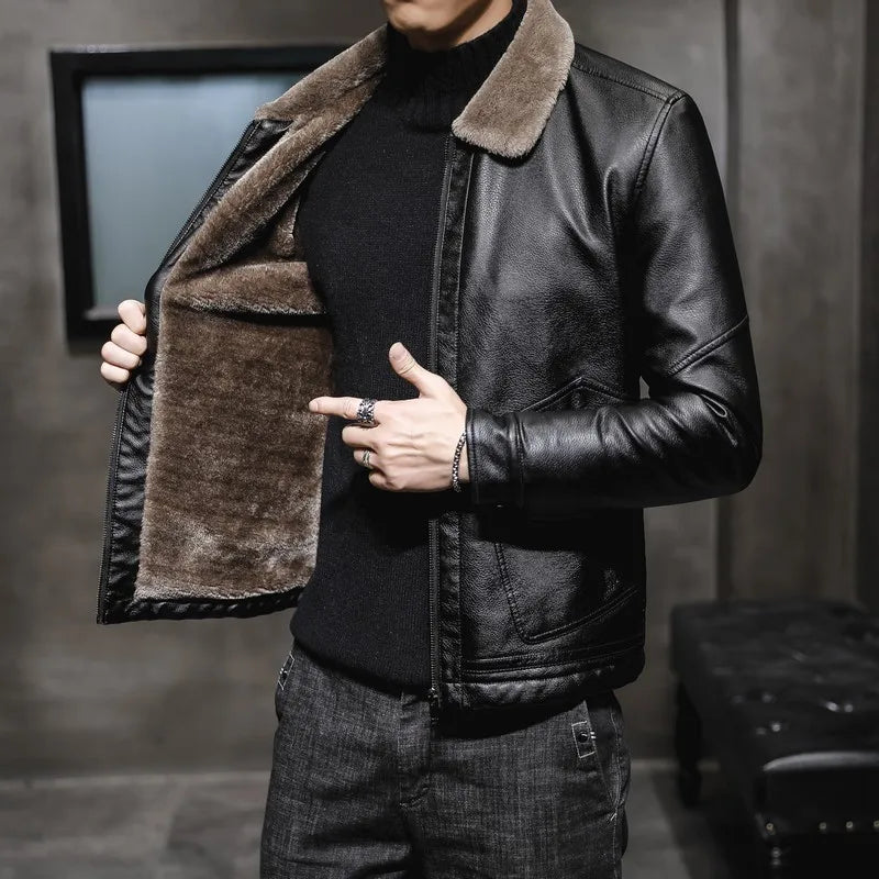 Casual Punk Rock Thick Leather Coats Slim Windproof Blazer Stand Collar Outwear Men's Pu Leather Jacket Zipper Motorcycle Jacket
