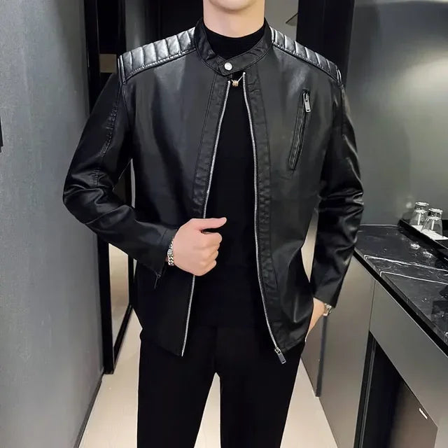 Men's Motorcycle Leather Jacket Male Spring Autumn Casual Stand Collar Solid Color White Black Leather Jacket Zip Up PU Coat