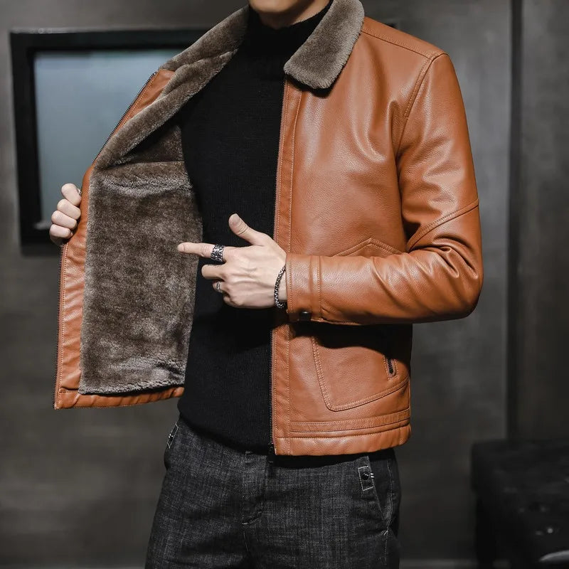 Casual Punk Rock Thick Leather Coats Slim Windproof Blazer Stand Collar Outwear Men's Pu Leather Jacket Zipper Motorcycle Jacket