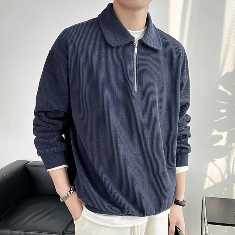 Half Zip Polo Shirt Sweatshirt Men's Autumn Trendy Brand Light Mature Style Youth Lapel Striped Thin Jacket