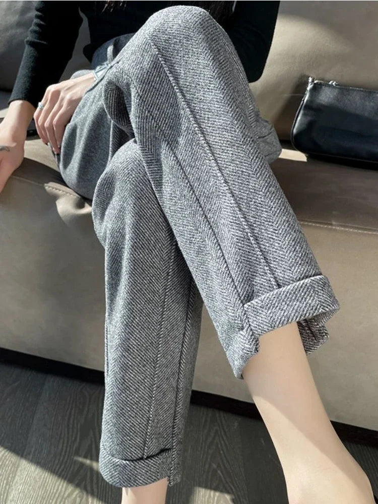 High-waisted Tweed Straight Pants 2025 Autumn/Winter New Women' S Pants Loose Casual Herringbone Warm Thickened Cropped Pants