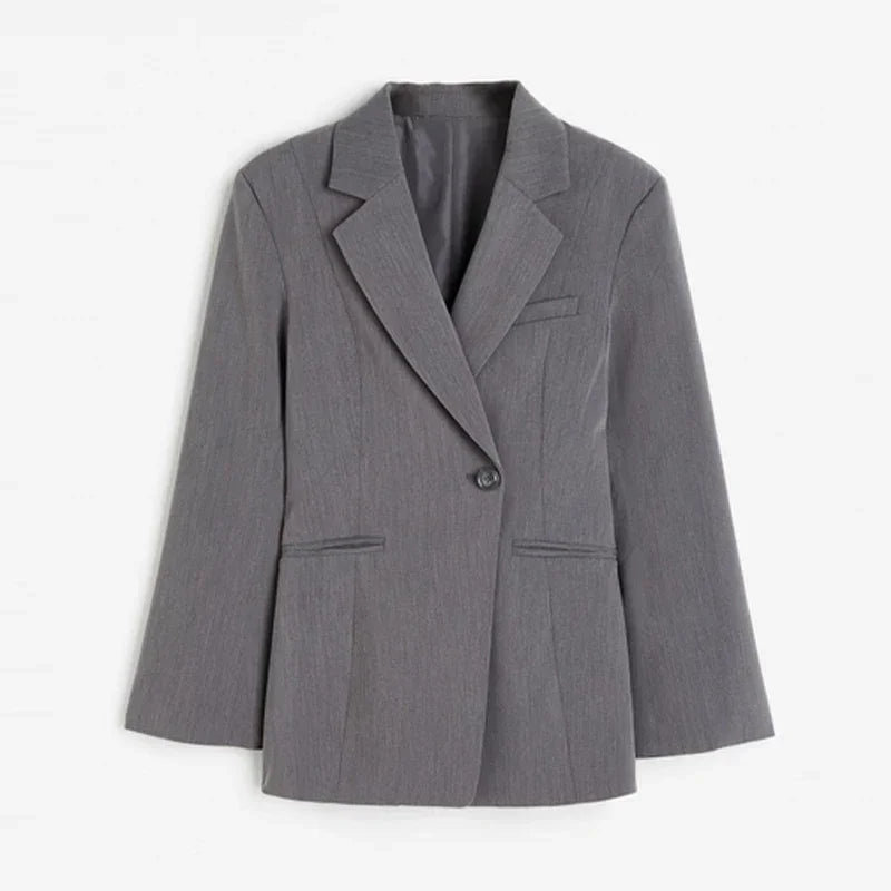 Commute Lapel Pocket Suit Jacket Women Full Sleeve Oversize Female Coat 2025 Spring Casual One Button Spring Office Lady Outwear