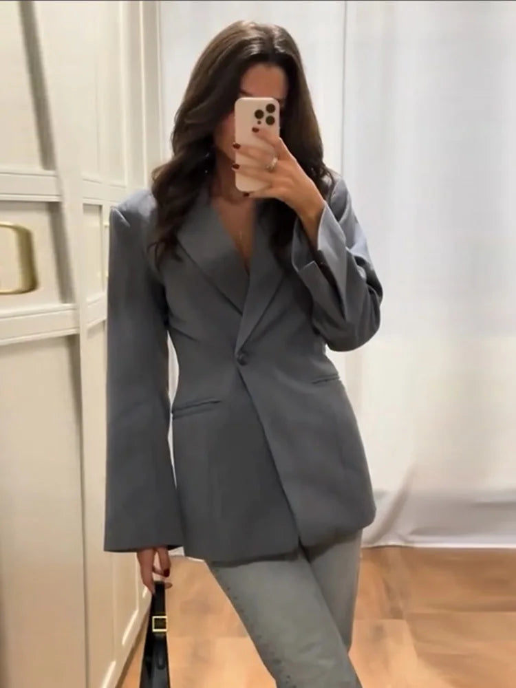 Commute Lapel Pocket Suit Jacket Women Full Sleeve Oversize Female Coat 2025 Spring Casual One Button Spring Office Lady Outwear