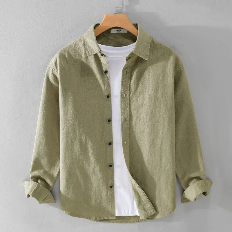Spring Autumn New Cotton and Linen Casual Long Sleeve Shirts for Men Clothing Solid Color Simple Soft Streetwear FY9798