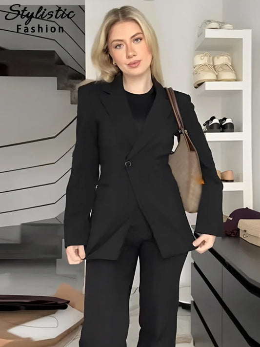 Commute Lapel Pocket Suit Jacket Women Full Sleeve Oversize Female Coat 2025 Spring Casual One Button Spring Office Lady Outwear