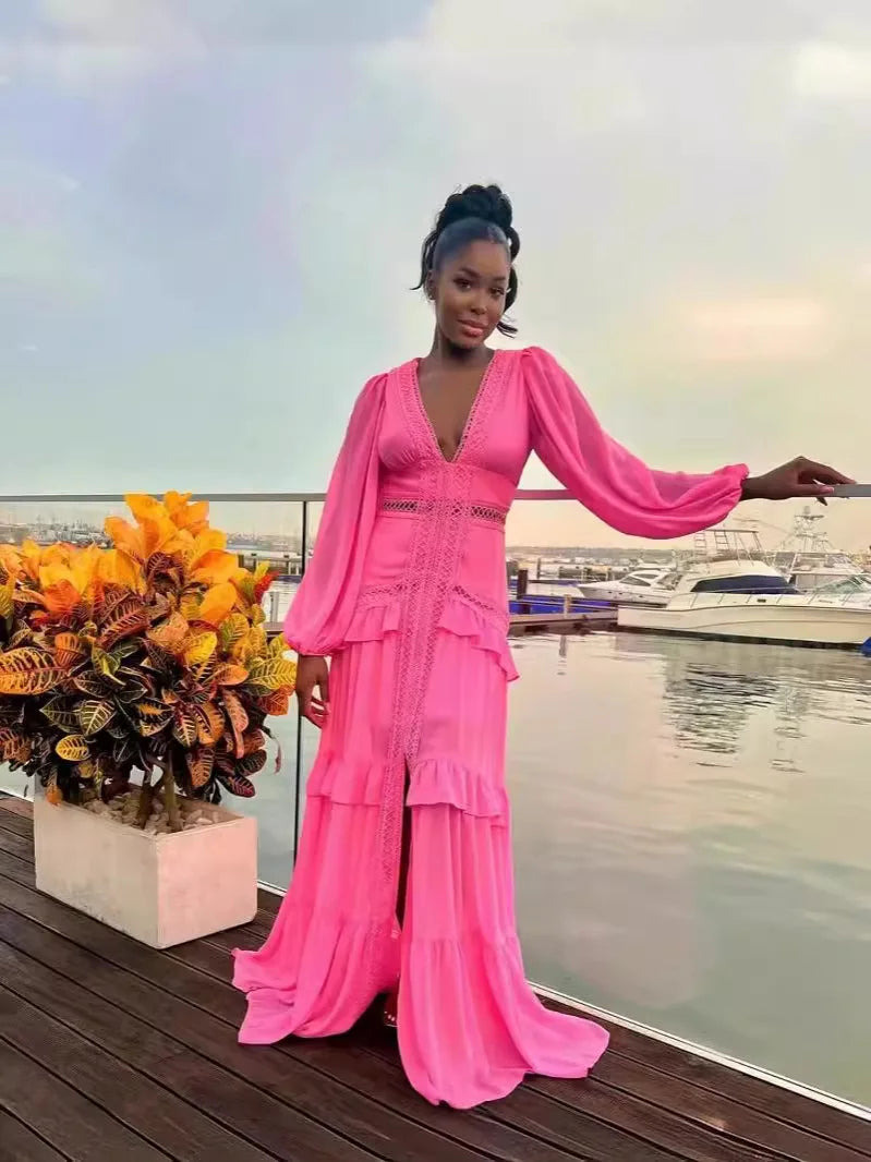 Elegant Womens Maxi Dress Ruffles Long Sleeve Hollow Out Evening Dresses Party Chic Robe Green Blue Purple New In Holiday Summer