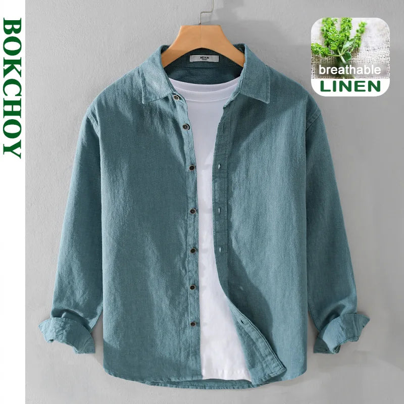 Spring Autumn New Cotton and Linen Casual Long Sleeve Shirts for Men Clothing Solid Color Simple Soft Streetwear FY9798