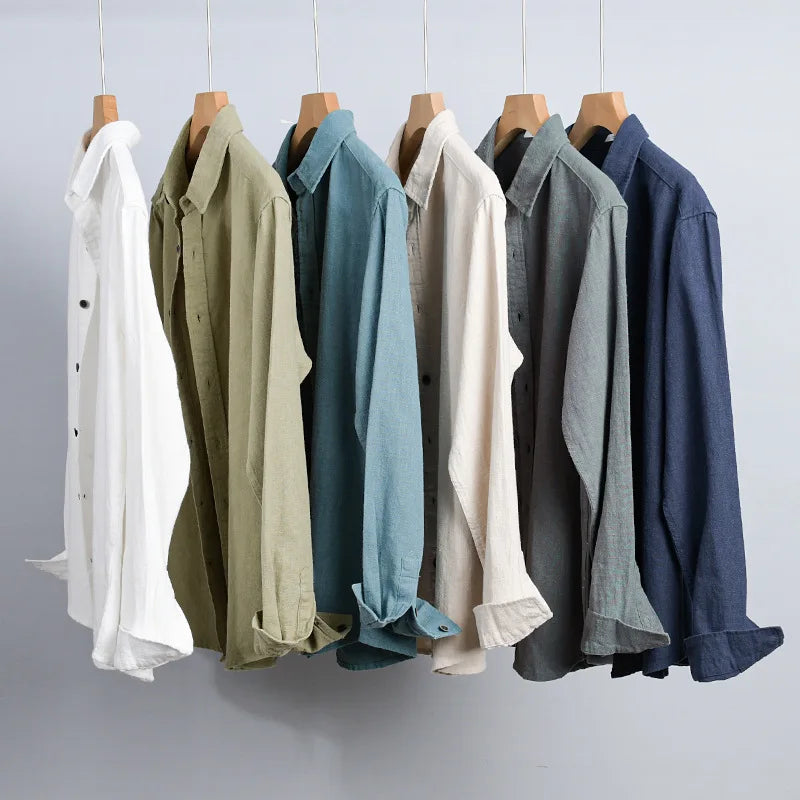 Spring Autumn New Cotton and Linen Casual Long Sleeve Shirts for Men Clothing Solid Color Simple Soft Streetwear FY9798