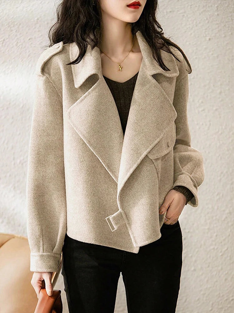 Popular Woman Bomber Jacket Coat Autumn Winter Warm Belt Design Woolen Jacket for Women Solid Khaki Elegant New In Outerwears