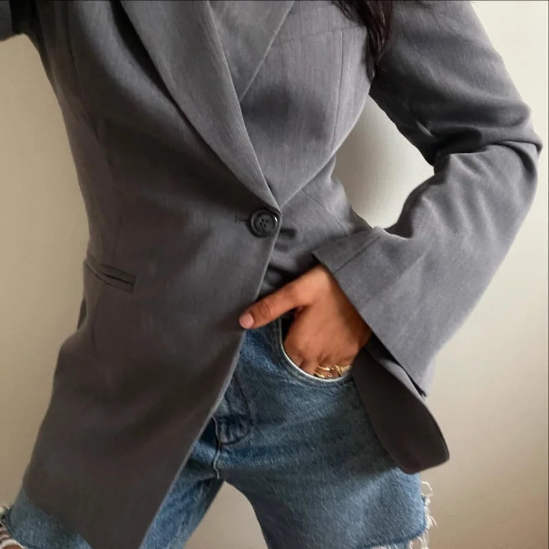 Commute Lapel Pocket Suit Jacket Women Full Sleeve Oversize Female Coat 2025 Spring Casual One Button Spring Office Lady Outwear