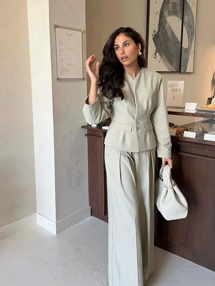 Elegant Solid Set Woman 3 Pieces O-neck Button Blazer Tube Tie Top Wide Leg Trousers 2025 Spring Summer Chic Lady Outfit