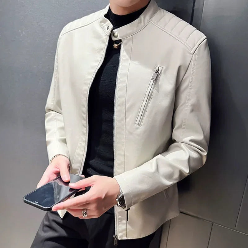 Men's Motorcycle Leather Jacket Male Spring Autumn Casual Stand Collar Solid Color White Black Leather Jacket Zip Up PU Coat
