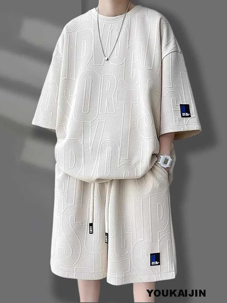 Men's Korean Summer Suit Korean Casual T-shirt + Shorts Suit Men's Tracksuit Solid Color Tracksuit Loose Suit Plus Size 4XL 5XL