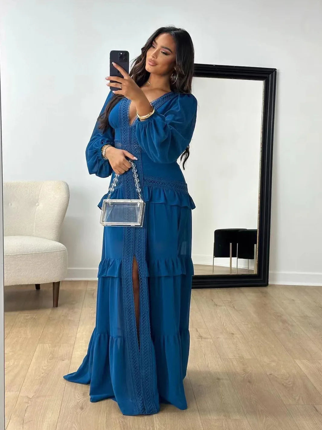 Elegant Womens Maxi Dress Ruffles Long Sleeve Hollow Out Evening Dresses Party Chic Robe Green Blue Purple New In Holiday Summer