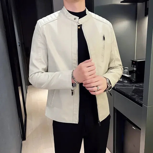 Men's Motorcycle Leather Jacket Male Spring Autumn Casual Stand Collar Solid Color White Black Leather Jacket Zip Up PU Coat