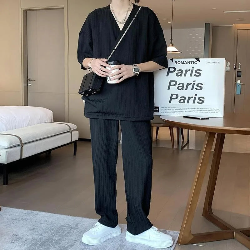 2024 New Men's 2 Piece Outfits Short Sleeve Crewneck Summer T Shirt and Drawstring Casual Loose Ankle Length Pants Sets