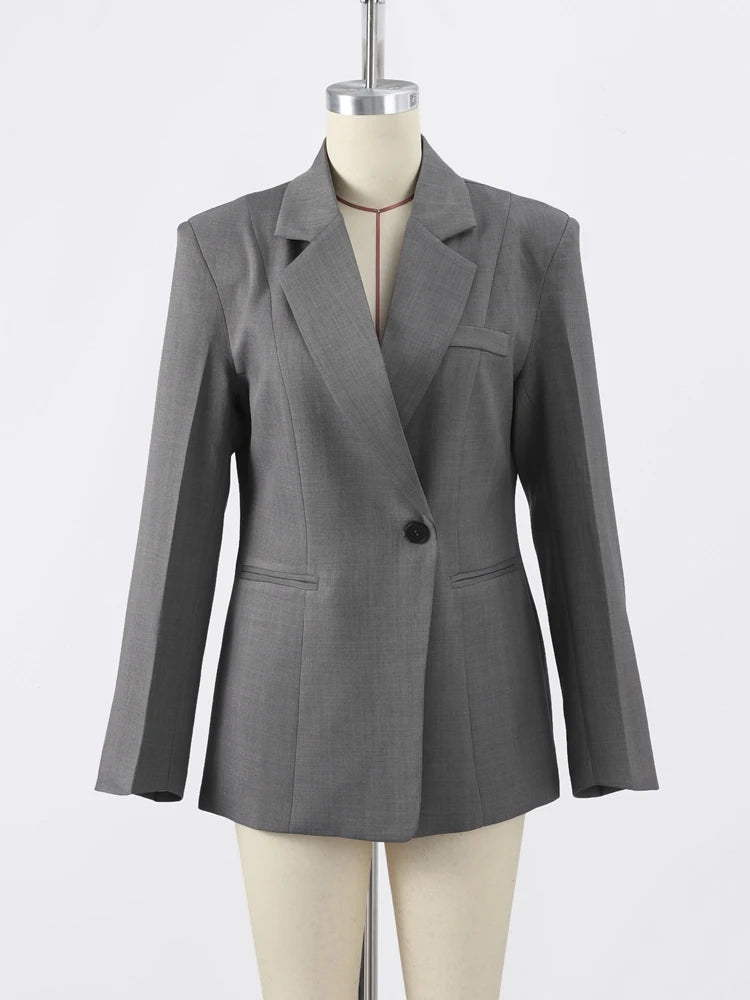 Commute Lapel Pocket Suit Jacket Women Full Sleeve Oversize Female Coat 2025 Spring Casual One Button Spring Office Lady Outwear