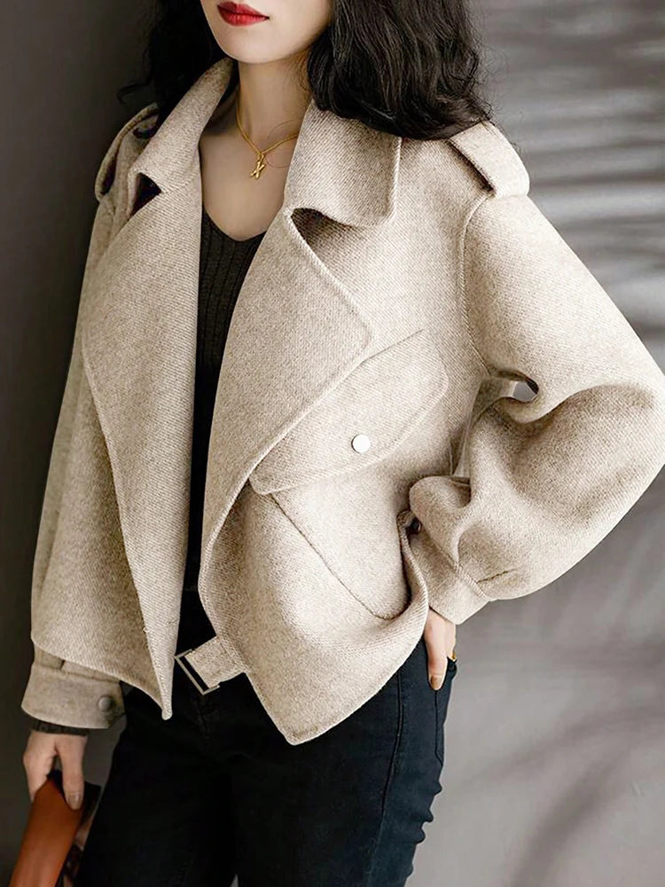 Popular Woman Bomber Jacket Coat Autumn Winter Warm Belt Design Woolen Jacket for Women Solid Khaki Elegant New In Outerwears