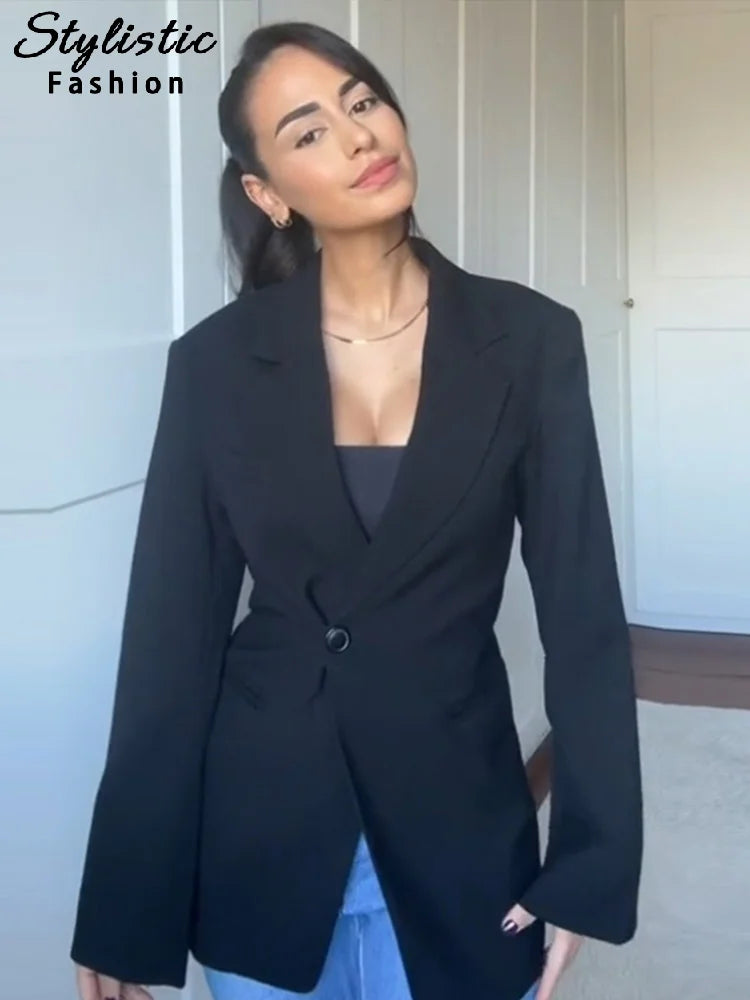 Commute Lapel Pocket Suit Jacket Women Full Sleeve Oversize Female Coat 2025 Spring Casual One Button Spring Office Lady Outwear