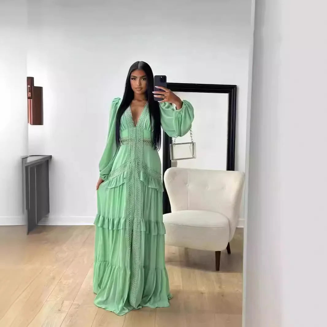 Elegant Womens Maxi Dress Ruffles Long Sleeve Hollow Out Evening Dresses Party Chic Robe Green Blue Purple New In Holiday Summer
