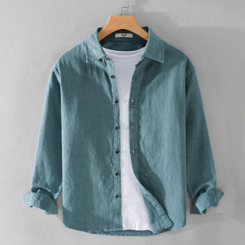 Spring Autumn New Cotton and Linen Casual Long Sleeve Shirts for Men Clothing Solid Color Simple Soft Streetwear FY9798