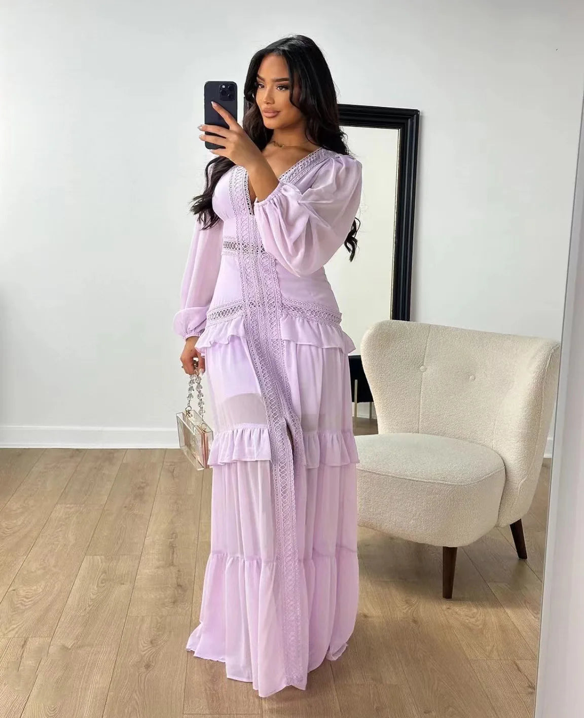 Elegant Womens Maxi Dress Ruffles Long Sleeve Hollow Out Evening Dresses Party Chic Robe Green Blue Purple New In Holiday Summer