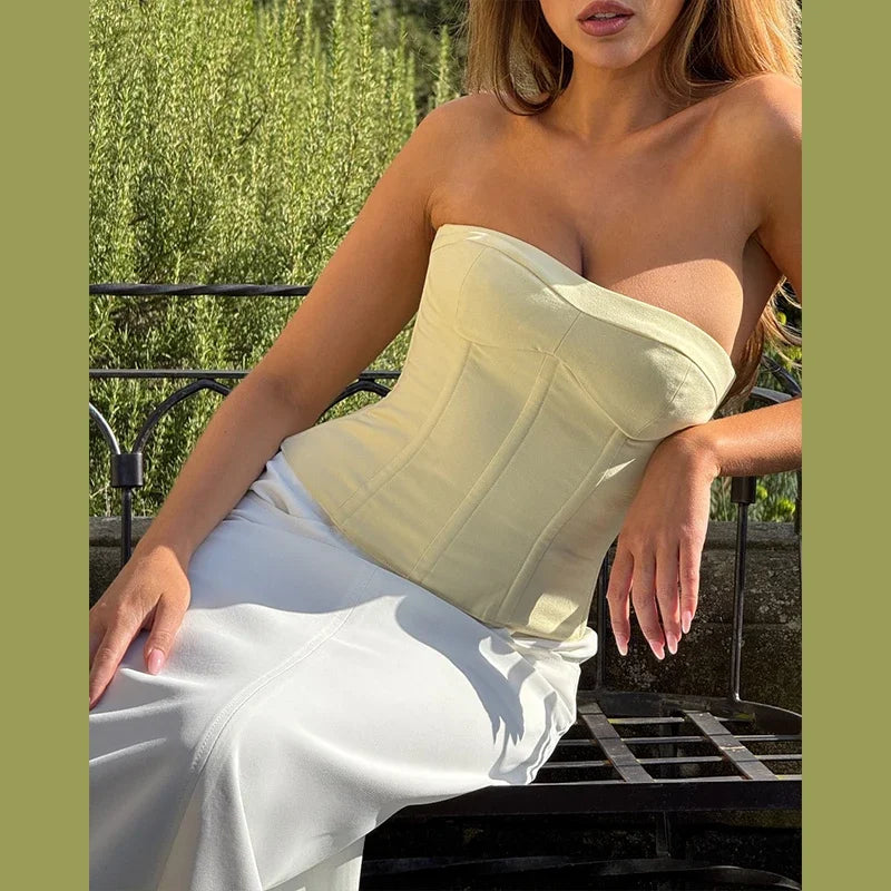 Elegant Solid Set Woman 3 Pieces O-neck Button Blazer Tube Tie Top Wide Leg Trousers 2025 Spring Summer Chic Lady Outfit