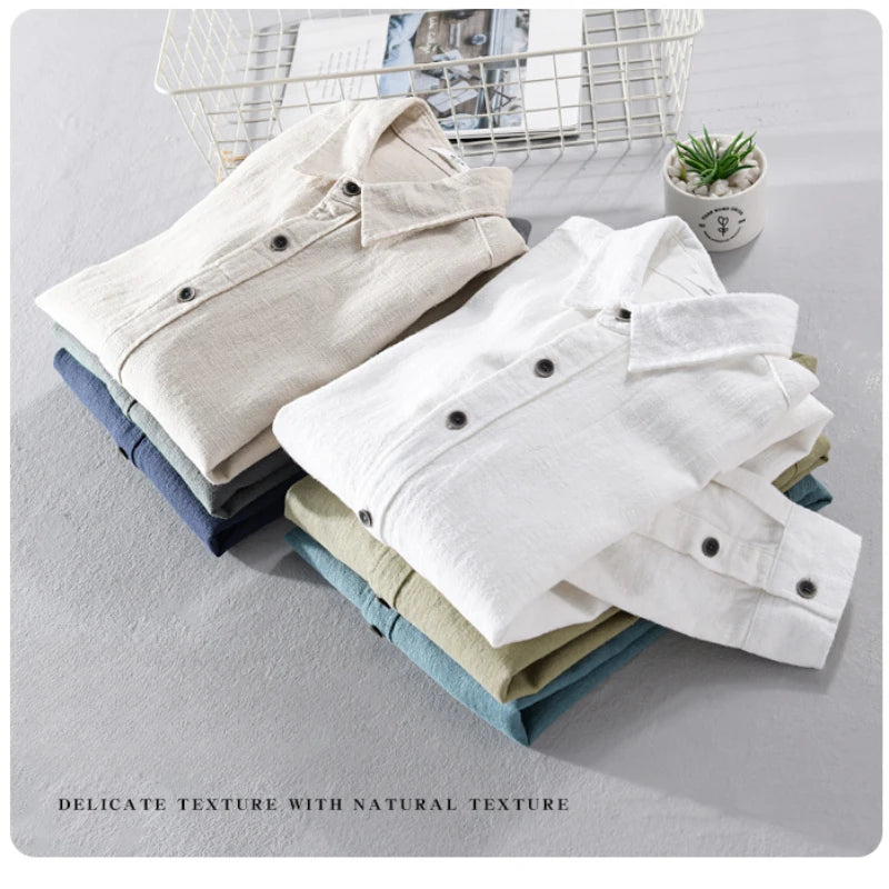 Spring Autumn New Cotton and Linen Casual Long Sleeve Shirts for Men Clothing Solid Color Simple Soft Streetwear FY9798