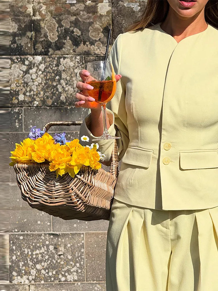 Elegant Solid Set Woman 3 Pieces O-neck Button Blazer Tube Tie Top Wide Leg Trousers 2025 Spring Summer Chic Lady Outfit