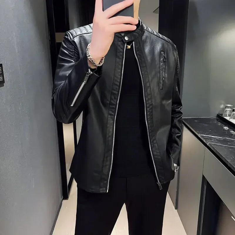 Men's Motorcycle Leather Jacket Male Spring Autumn Casual Stand Collar Solid Color White Black Leather Jacket Zip Up PU Coat