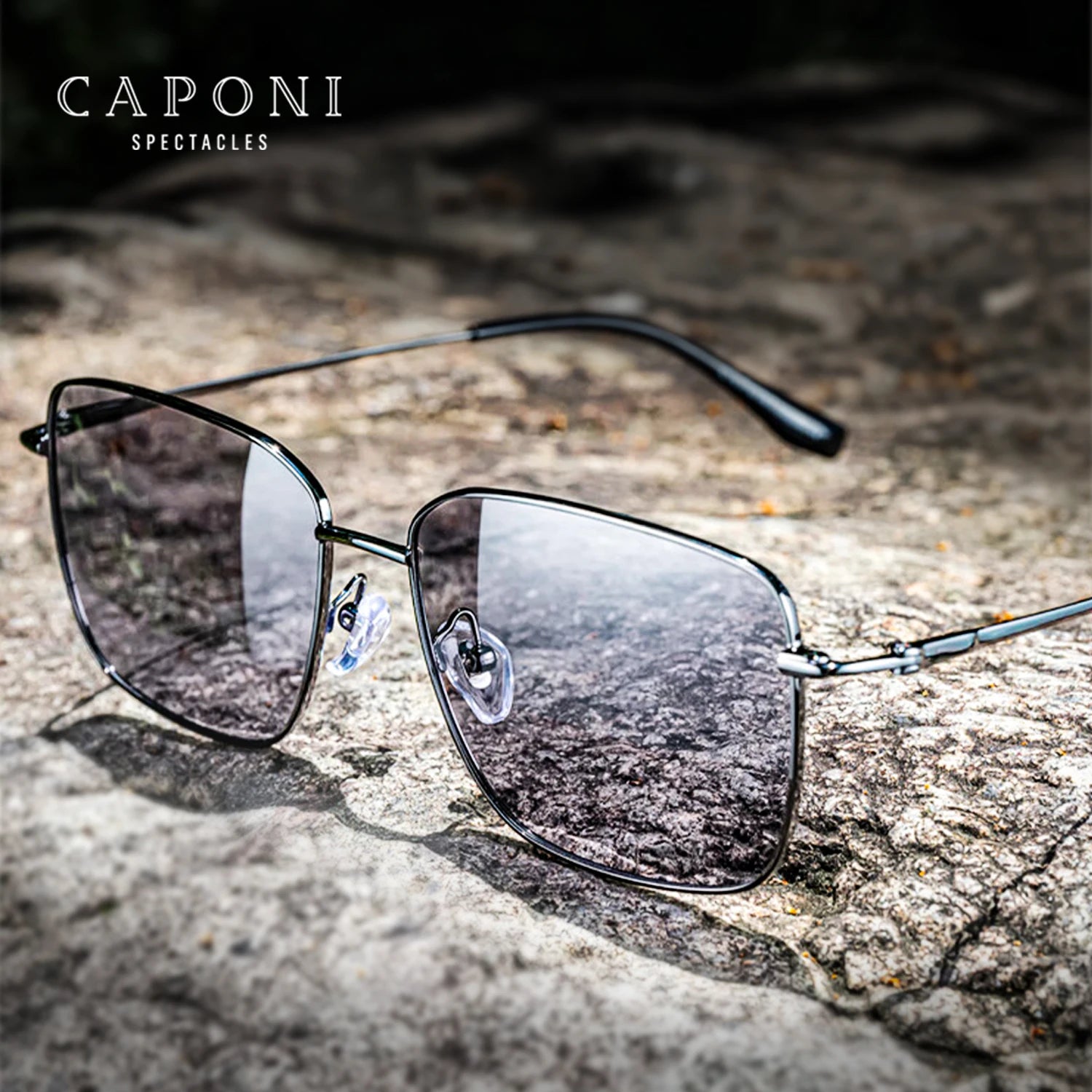 CAPONI Sunglasses Men Polarized Pure Titanium Light Weight Shade Photochromic Gray Anti Glare UV400 Protection Eyewear BS24709
