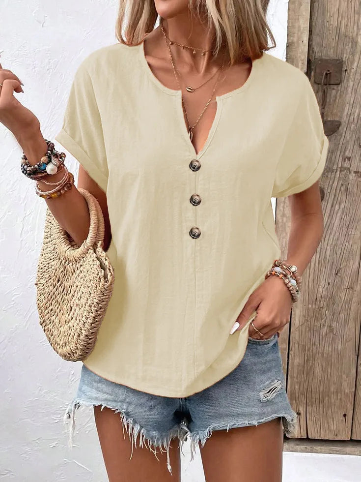 New 2025 Women Shirts V-Neck Buttons Short Sleeve Loose Blouses Solid Color Casual Summer Tee Shirt Daily Wear Tops Ladies