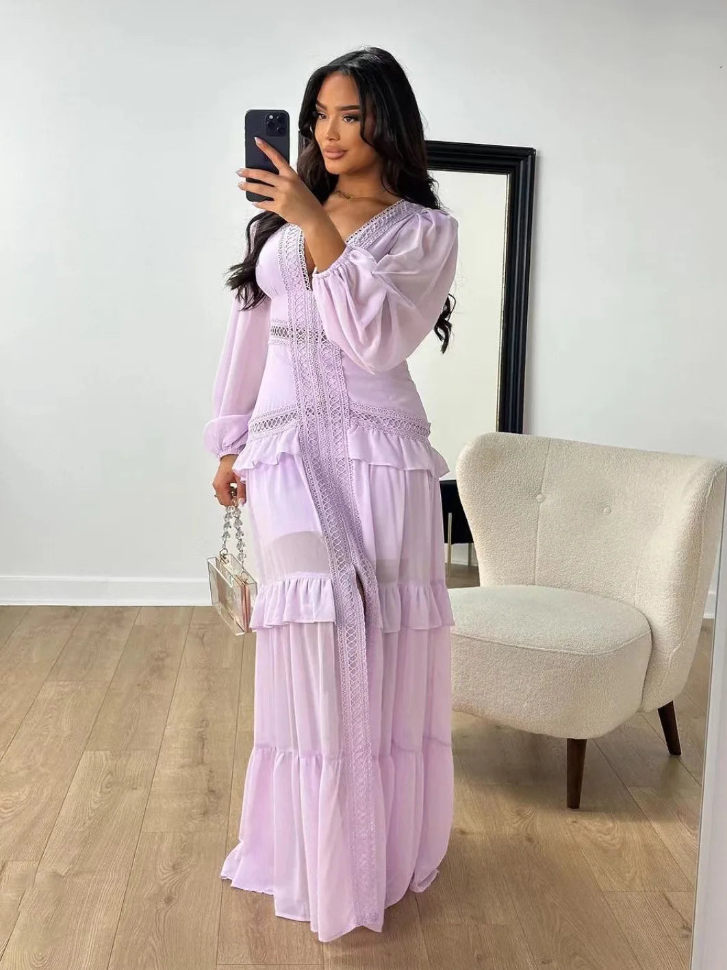 Elegant Womens Maxi Dress Ruffles Long Sleeve Hollow Out Evening Dresses Party Chic Robe Green Blue Purple New In Holiday Summer