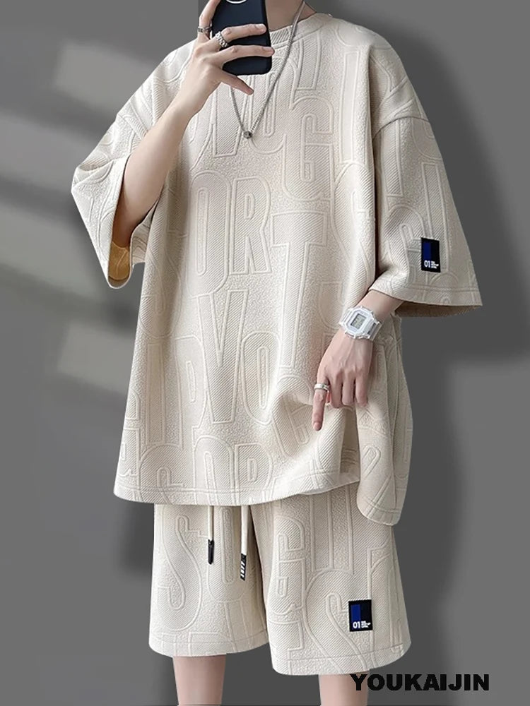 Men's Korean Summer Suit Korean Casual T-shirt + Shorts Suit Men's Tracksuit Solid Color Tracksuit Loose Suit Plus Size 4XL 5XL