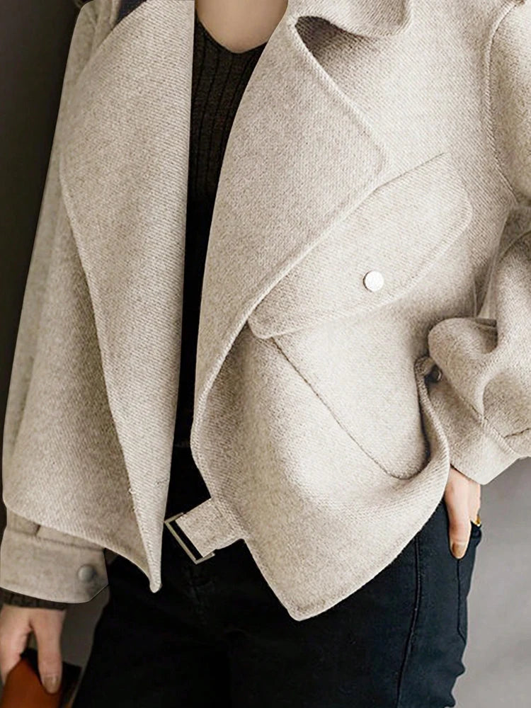 Popular Woman Bomber Jacket Coat Autumn Winter Warm Belt Design Woolen Jacket for Women Solid Khaki Elegant New In Outerwears