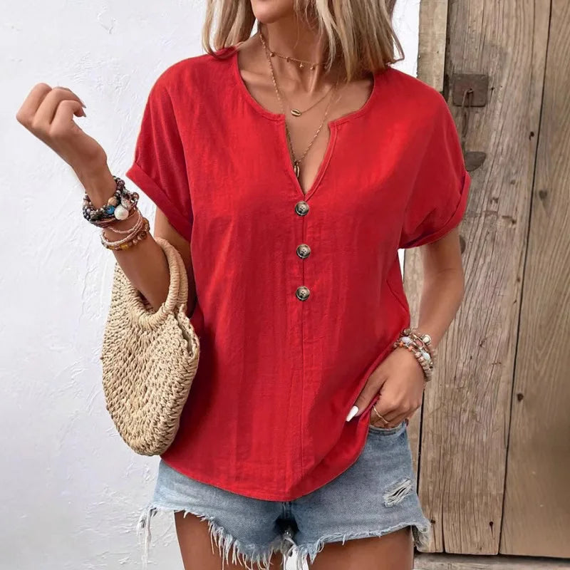 New 2025 Women Shirts V-Neck Buttons Short Sleeve Loose Blouses Solid Color Casual Summer Tee Shirt Daily Wear Tops Ladies