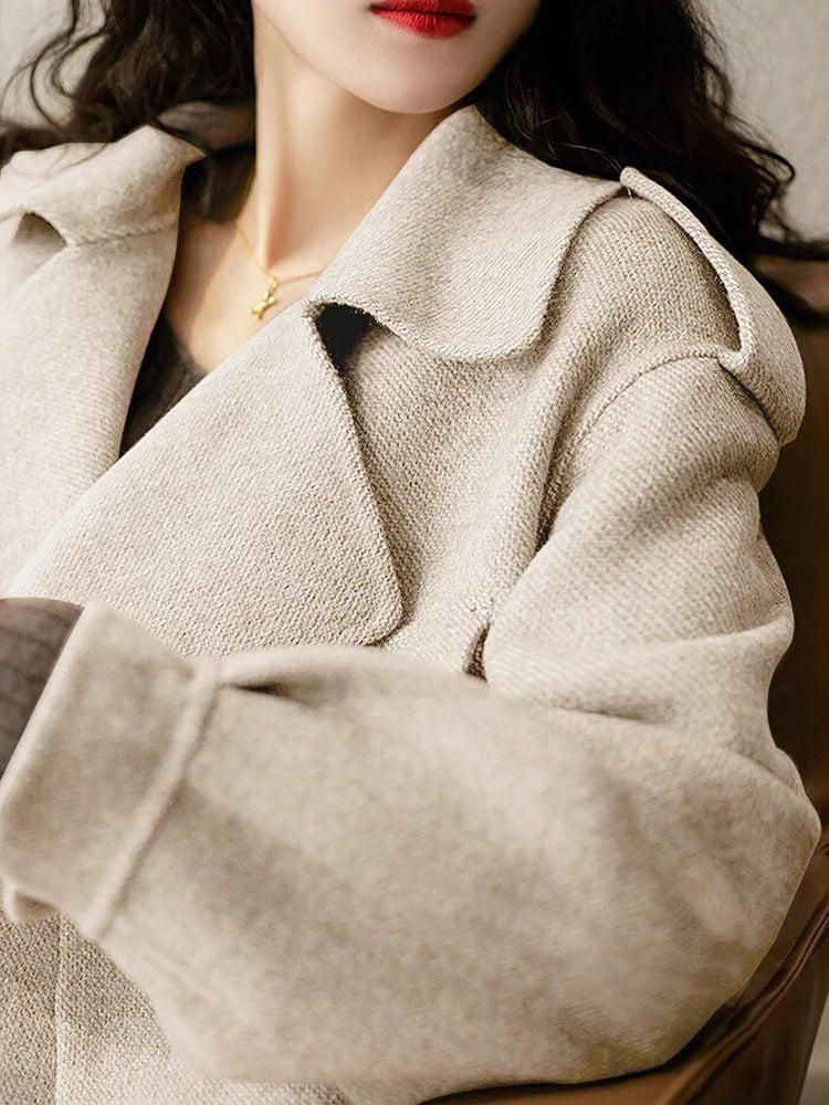 Popular Woman Bomber Jacket Coat Autumn Winter Warm Belt Design Woolen Jacket for Women Solid Khaki Elegant New In Outerwears