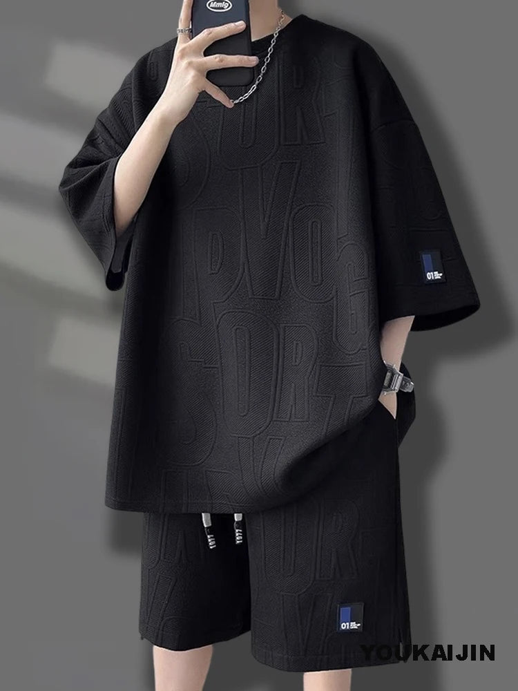 Men's Korean Summer Suit Korean Casual T-shirt + Shorts Suit Men's Tracksuit Solid Color Tracksuit Loose Suit Plus Size 4XL 5XL