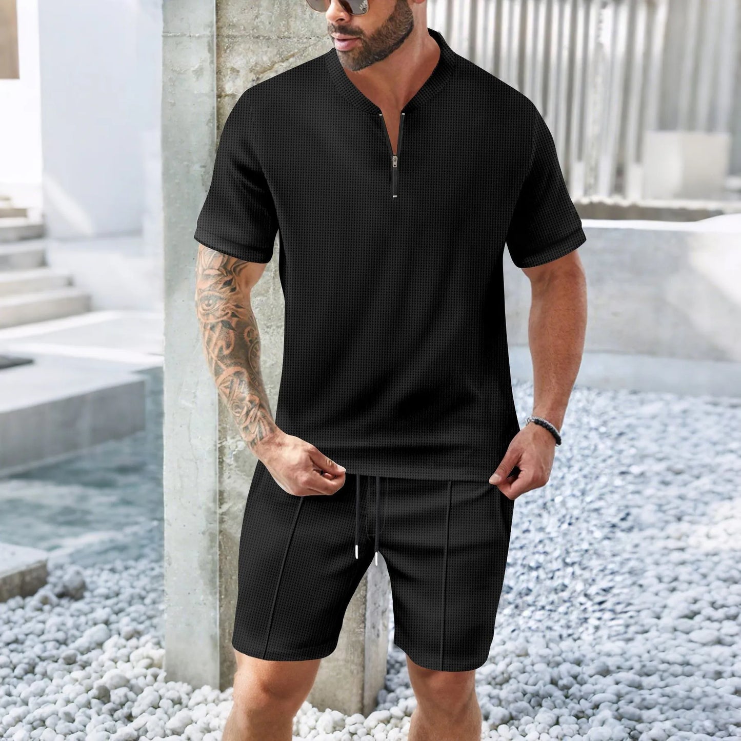 2025 summer new Europe and the United States men's casual Waffle solid color stand collar short sleeve shorts two sets