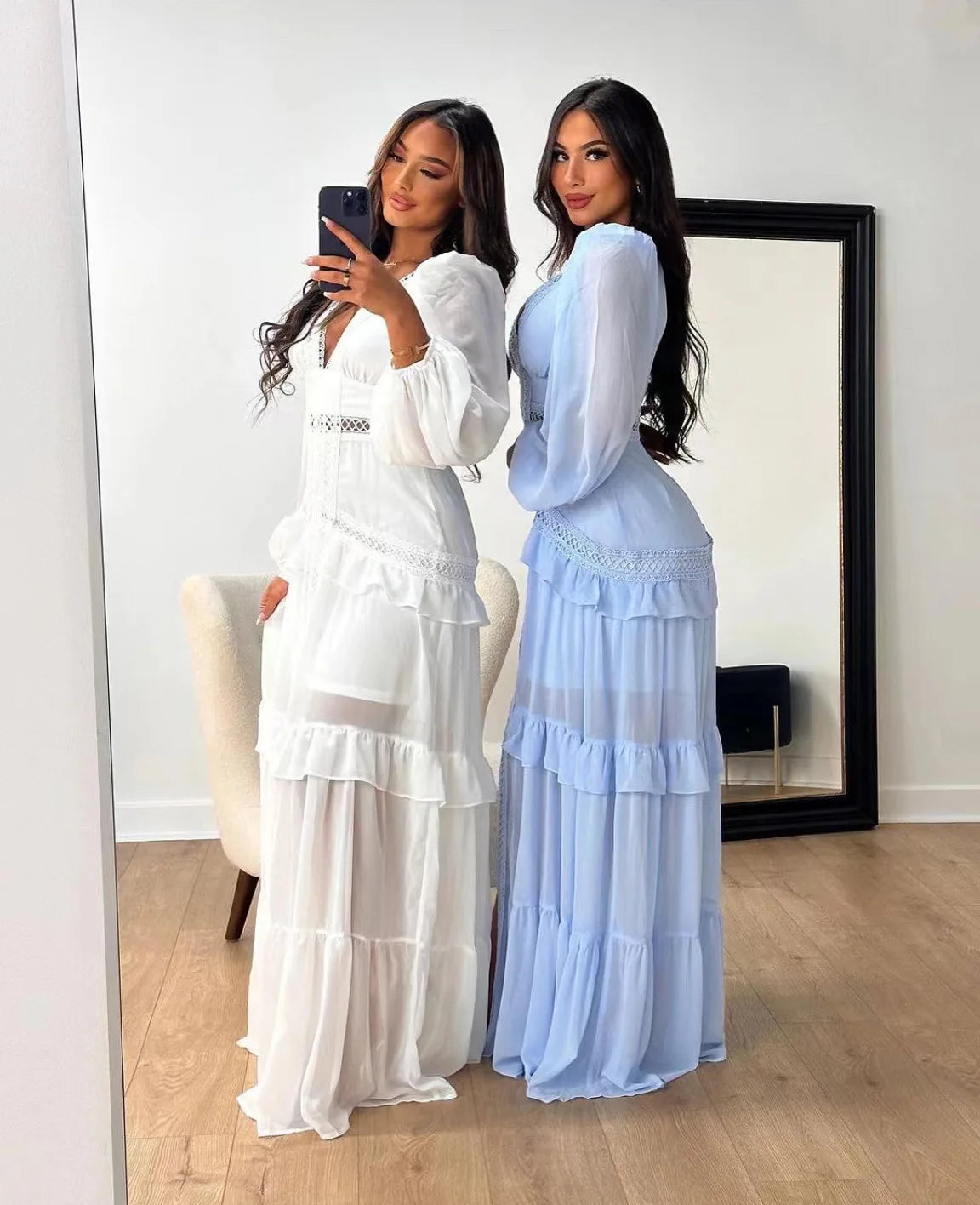 Elegant Womens Maxi Dress Ruffles Long Sleeve Hollow Out Evening Dresses Party Chic Robe Green Blue Purple New In Holiday Summer