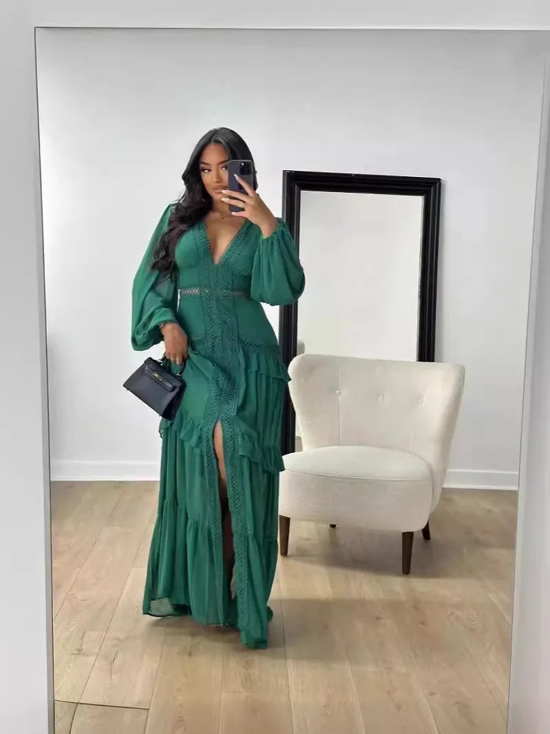 Elegant Womens Maxi Dress Ruffles Long Sleeve Hollow Out Evening Dresses Party Chic Robe Green Blue Purple New In Holiday Summer
