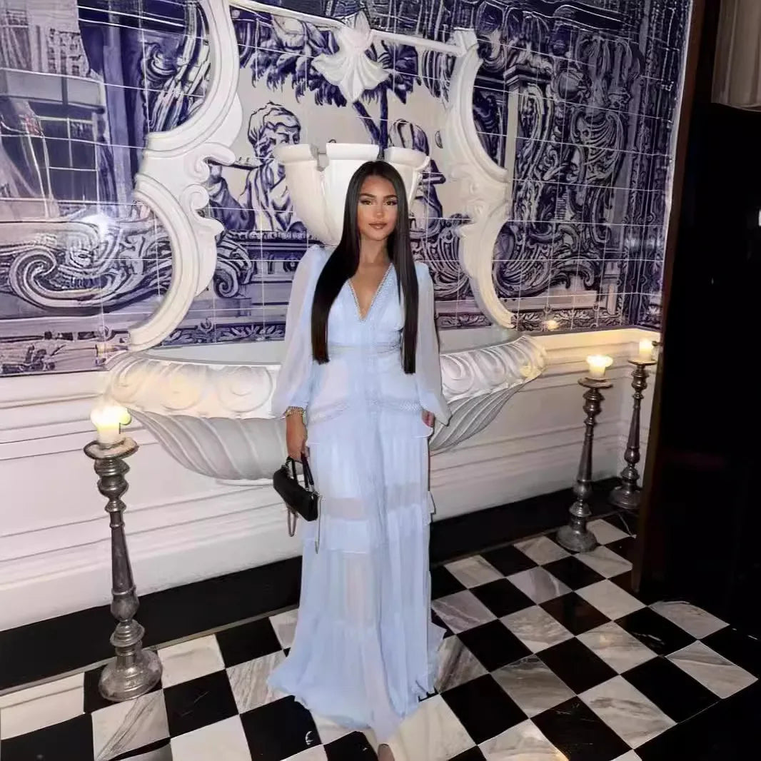 Elegant Womens Maxi Dress Ruffles Long Sleeve Hollow Out Evening Dresses Party Chic Robe Green Blue Purple New In Holiday Summer