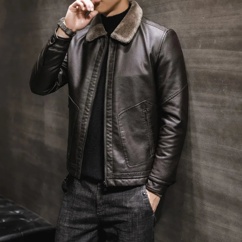 Casual Punk Rock Thick Leather Coats Slim Windproof Blazer Stand Collar Outwear Men's Pu Leather Jacket Zipper Motorcycle Jacket