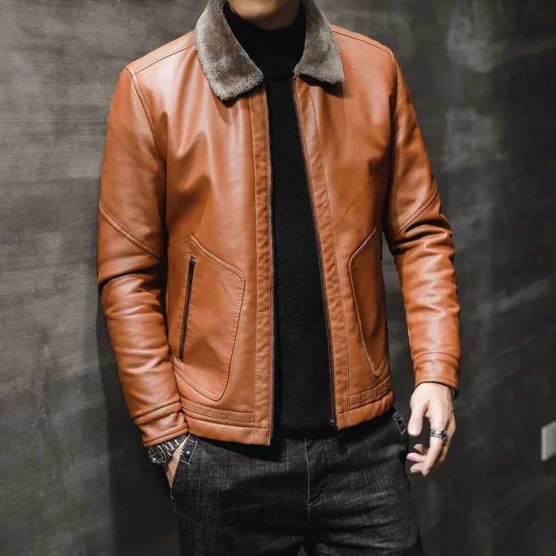 Casual Punk Rock Thick Leather Coats Slim Windproof Blazer Stand Collar Outwear Men's Pu Leather Jacket Zipper Motorcycle Jacket
