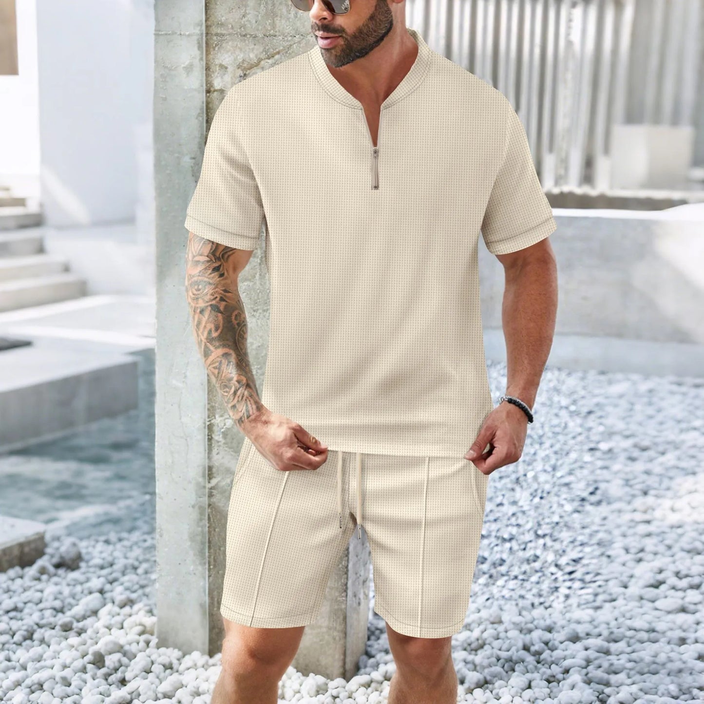 2025 summer new Europe and the United States men's casual Waffle solid color stand collar short sleeve shorts two sets