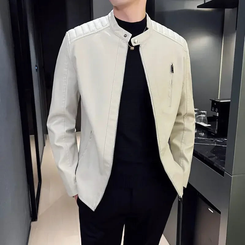 Men's Motorcycle Leather Jacket Male Spring Autumn Casual Stand Collar Solid Color White Black Leather Jacket Zip Up PU Coat